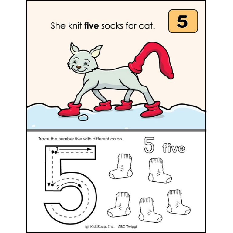 Numbers 1-12 Workbook Lily Knits Socks Storybook and activities for preschool to learn to count, recognize, trace, and write numbers 1-12